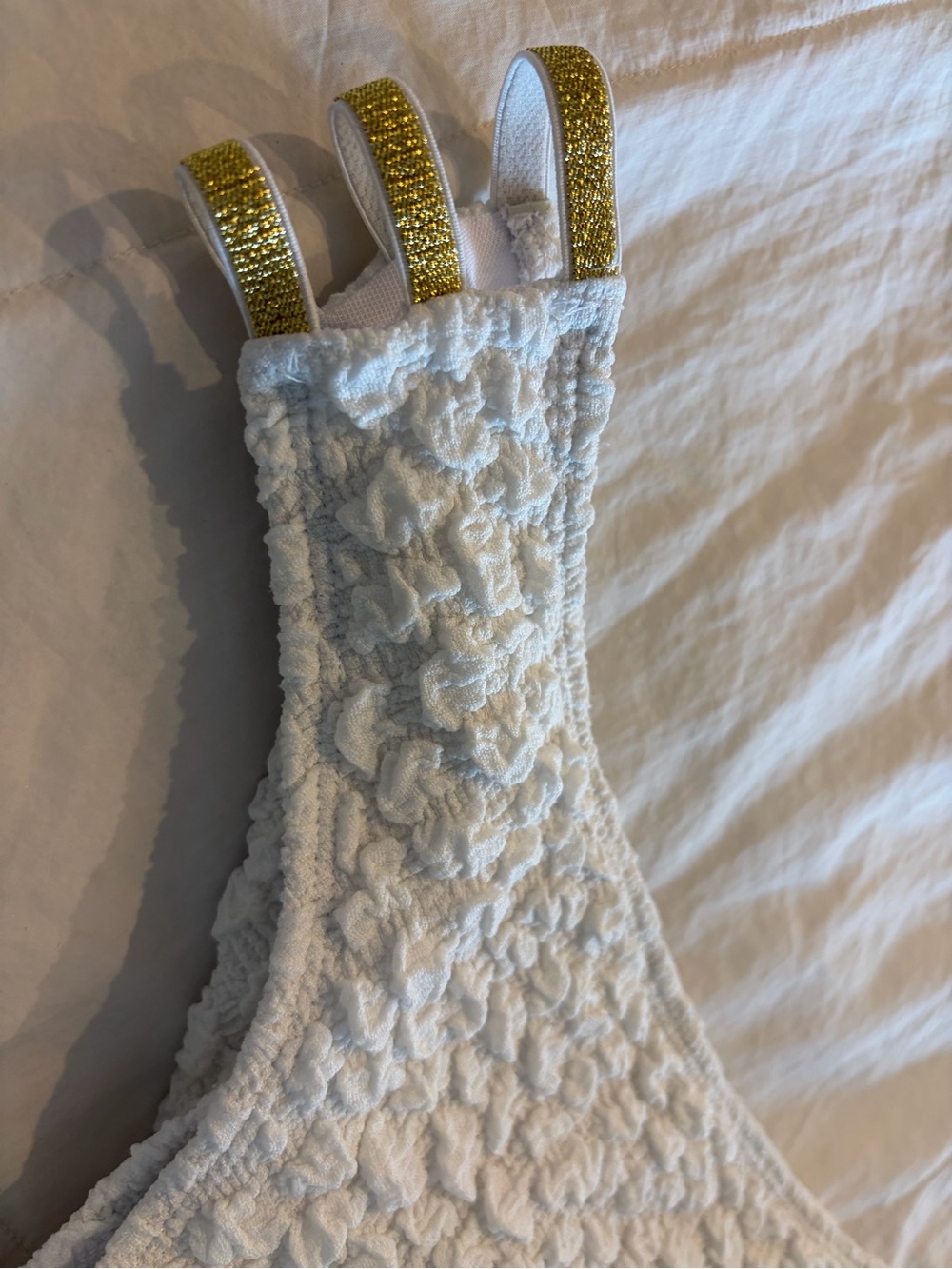 White Textured women’s Bikini Bottom with Gold Accent Straps - Picture 3 of 8